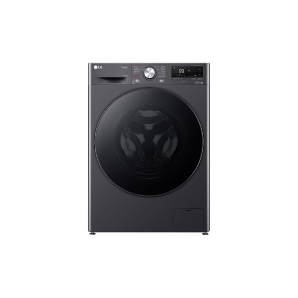 LG front-load washing machine with dark gray finish, digital display, and large circular drum door on white background