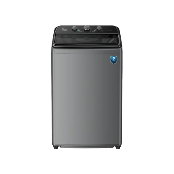 Gray top-load washing machine with black control panel and 5-year warranty badge