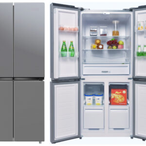 Goldair GFR-500DC 500L silver 4 door refrigerator closed and open views