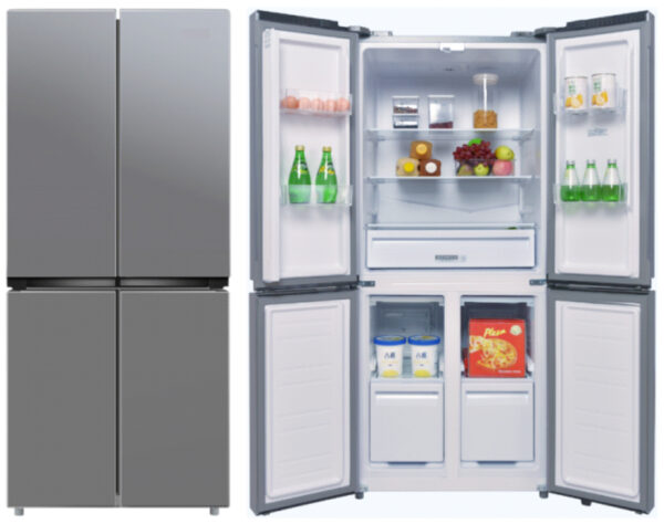 Goldair GFR-500DC 500L silver 4 door refrigerator closed and open views